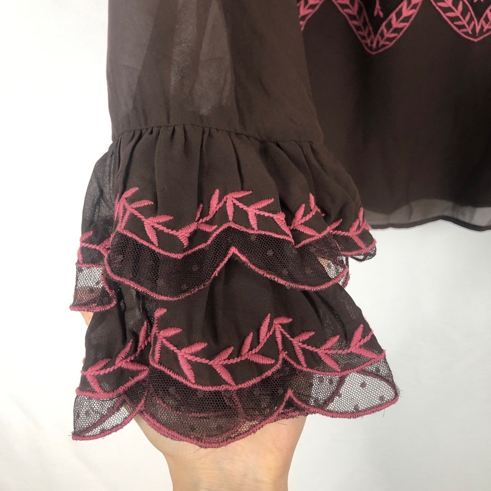 NEW By Anthropologie Long Sleeve Appliqué Blouse‎ Brown Size XXS Embroidered - Picture 2 of 8